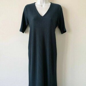 New EILEEN FISHER Teal Tencel V Neck Short Sleeve Rib Stretch K/L Dress XS Small